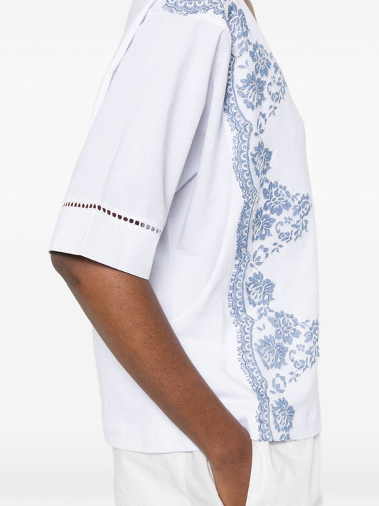 Ermanno Firenze V-neck short sleeves pointelle detailing Embroidered cotton t-shirt