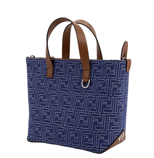 FF jacquard fabric and leather shopping bag