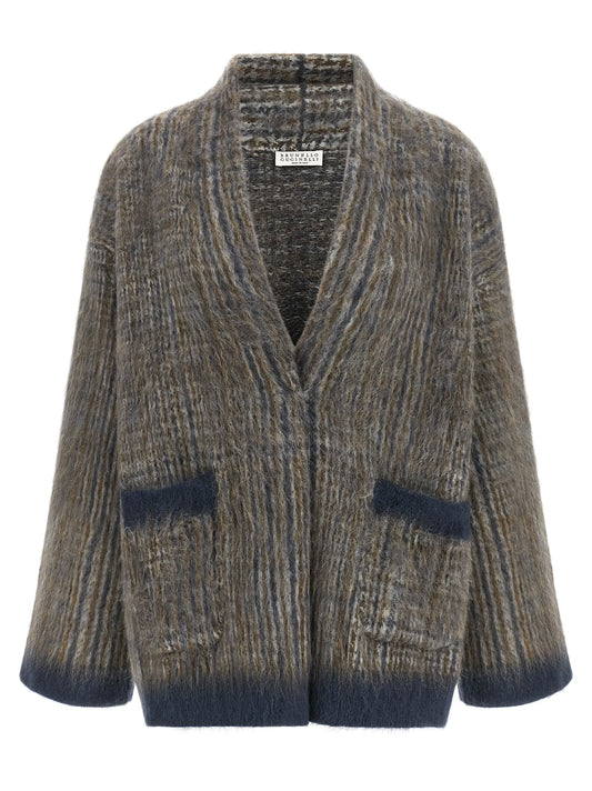 Mohair, polyamide and wool blend cardigan with an integrated scarf