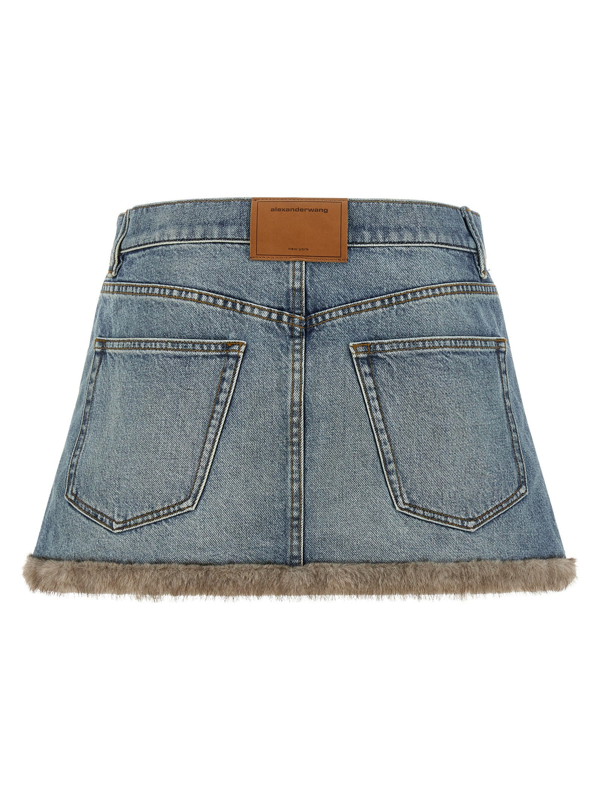 Denim skirt with fur hem