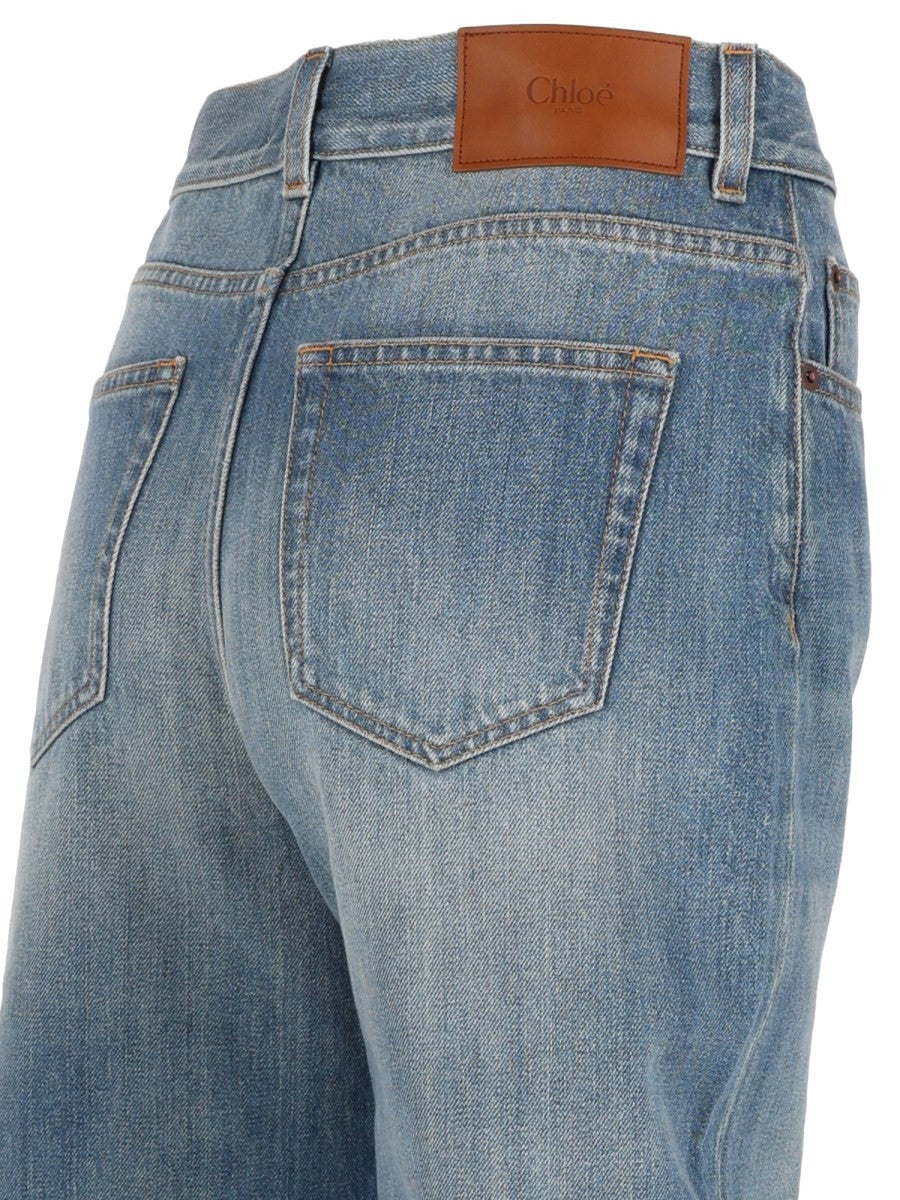 Jeans a Gamba Ampia e Vita Alta in Denim