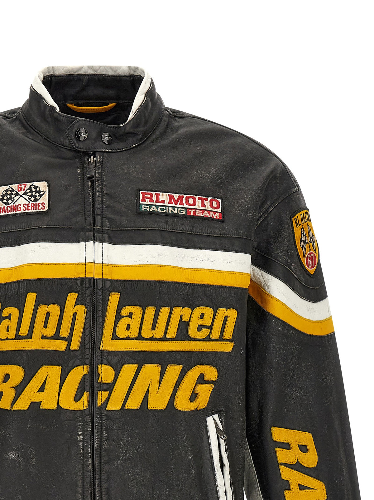 Leather biker jacket with patch