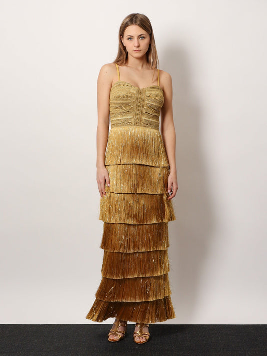 Long dress with embroidered courset and fringes