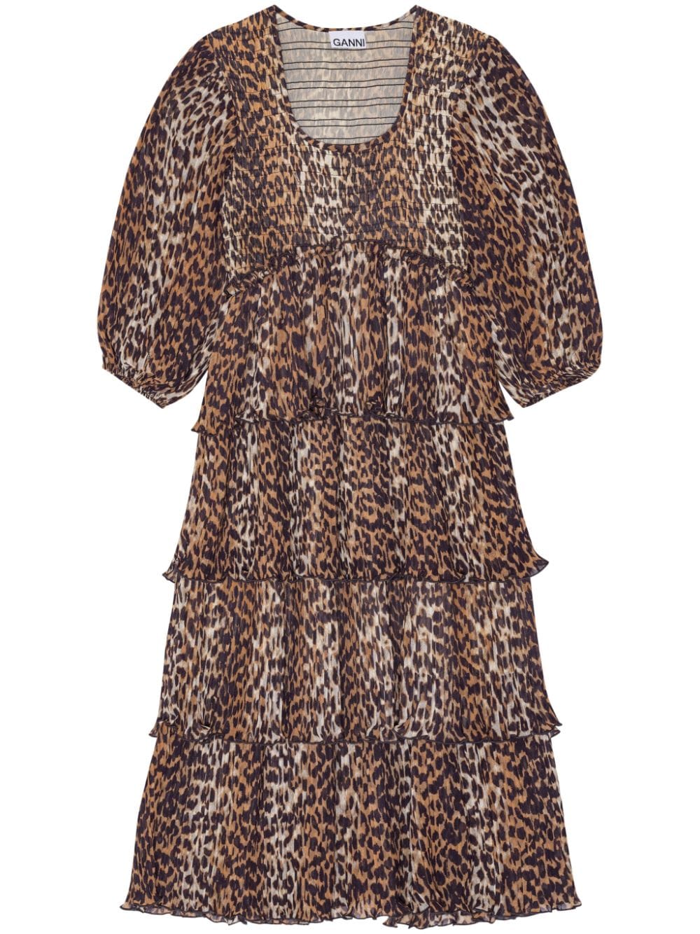 Ganni Ganni Leopard Pleated Georgette Flounce Smock Midi Dress