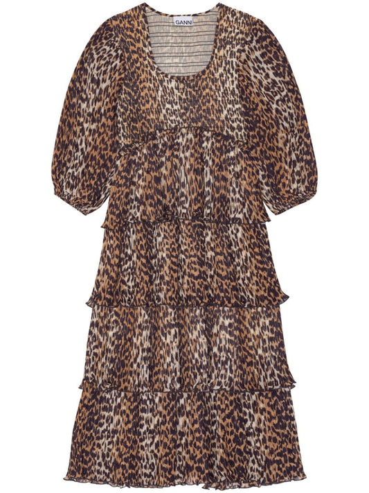 Ganni Ganni Leopard Pleated Georgette Flounce Smock Midi Dress