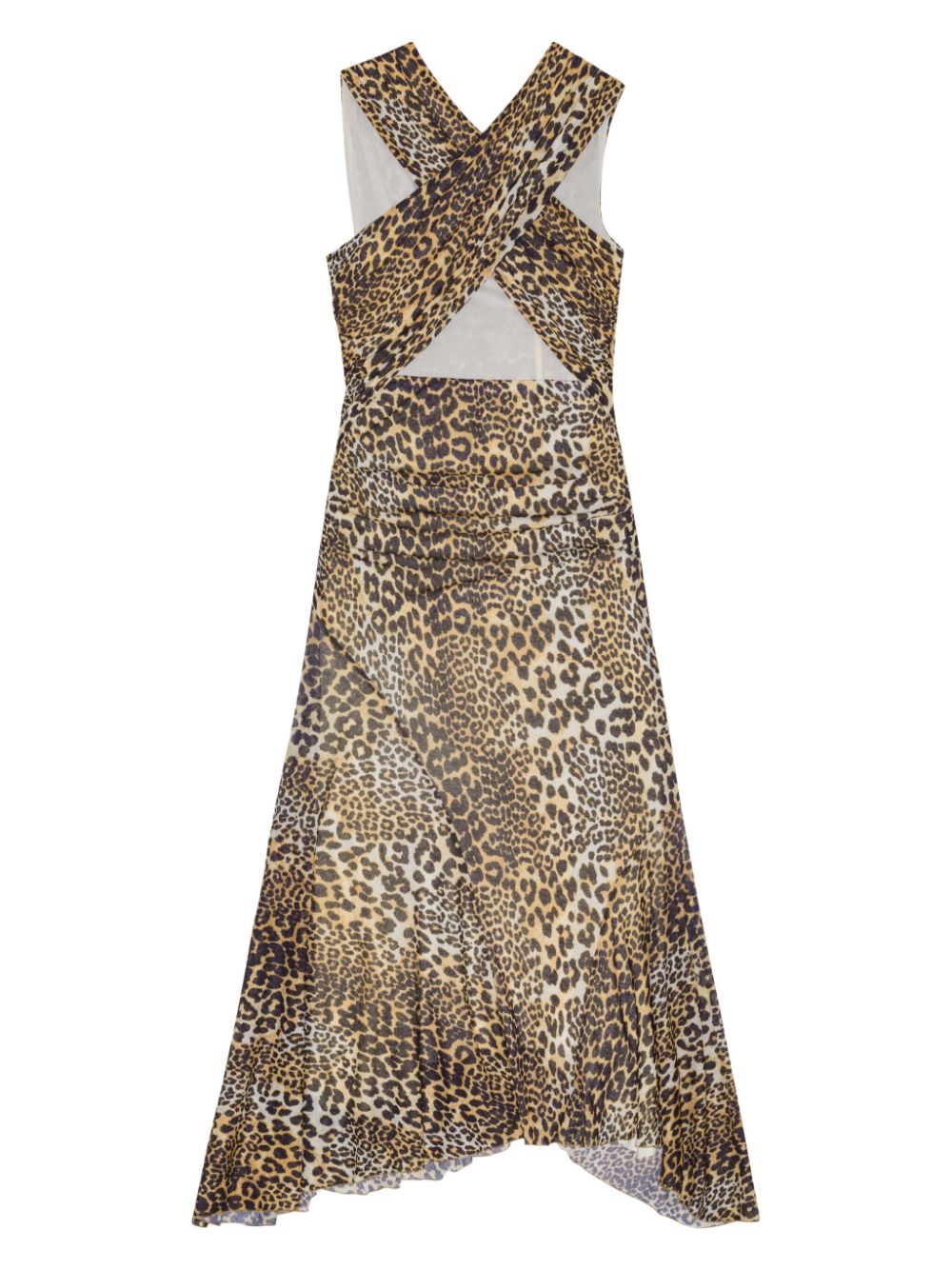 Ganni Ganni Leopard Marl Mesh Long Ruched Crossover Dress
