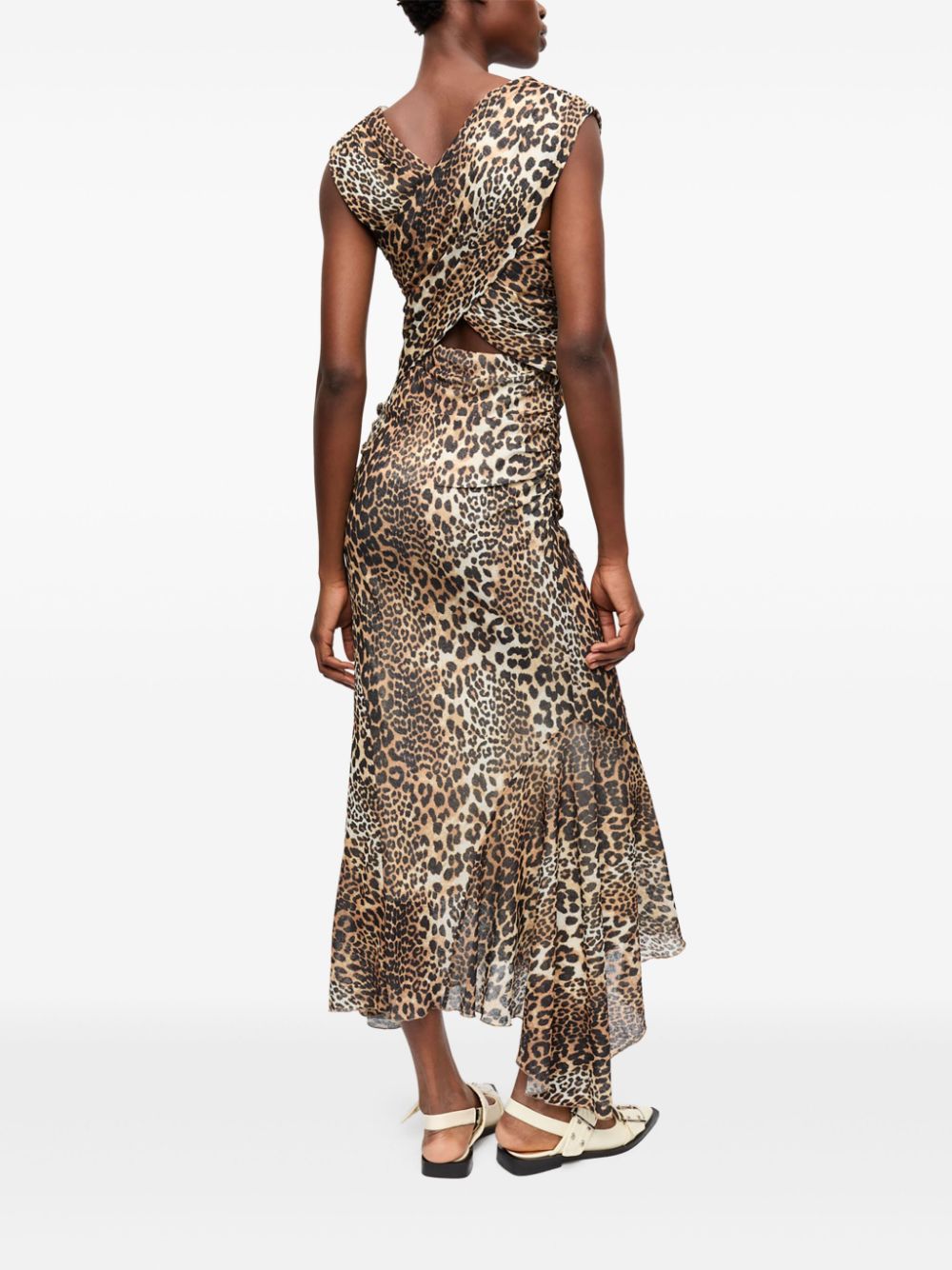 Ganni Ganni Leopard Marl Mesh Long Ruched Crossover Dress