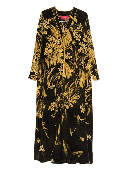 F.R.S . V-neck long sleeves Silk blend printed maxi dress