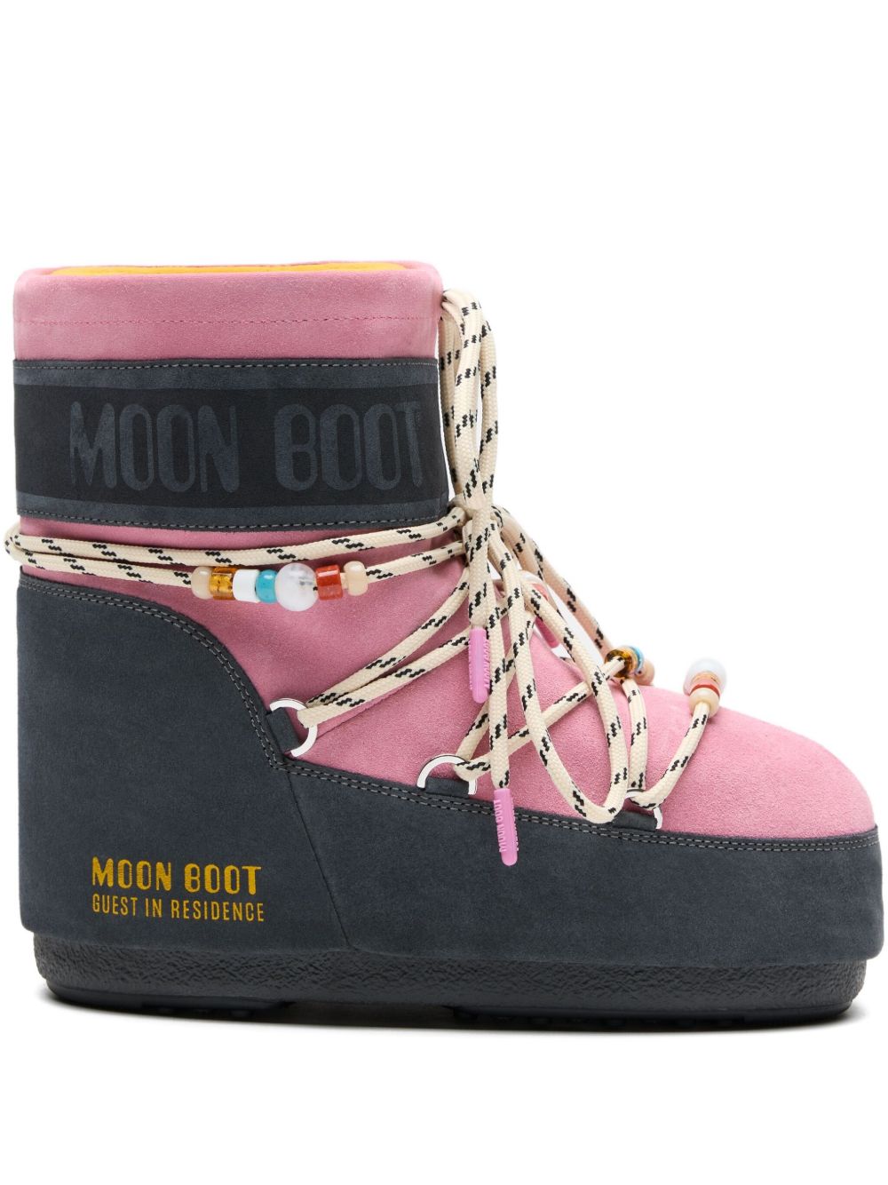 MOON BOOT X GUEST IN RESIDENCE MOON BOOT X GUEST IN RESIDENCE LOW GREY AND PINK SUEDE BEADED ICON BOOT