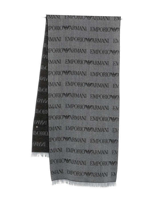 Emporio Armani Virgin Wool Blend Scarf With Jacquard Lettering Logo And Fringes