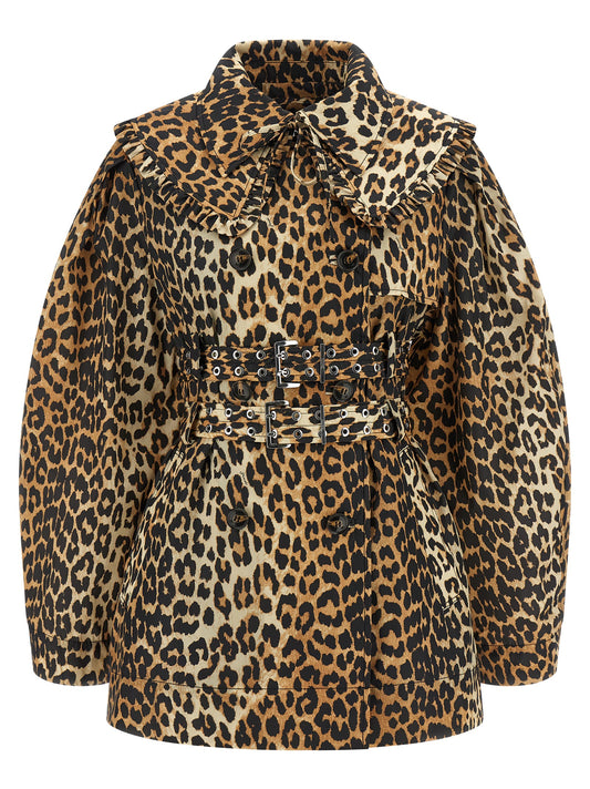 Ganni Ganni Leopard Duchesse Nylon Short Trench Coat