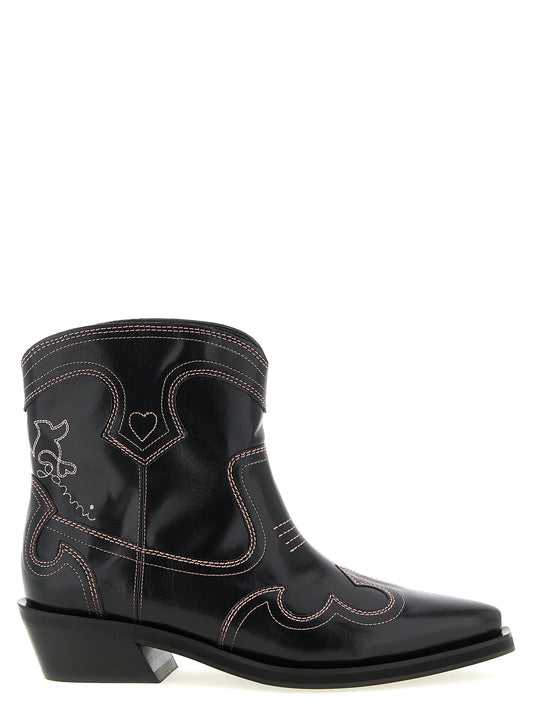 Ganni Ganni Low Shaft Embroidered Western Ankle Boots