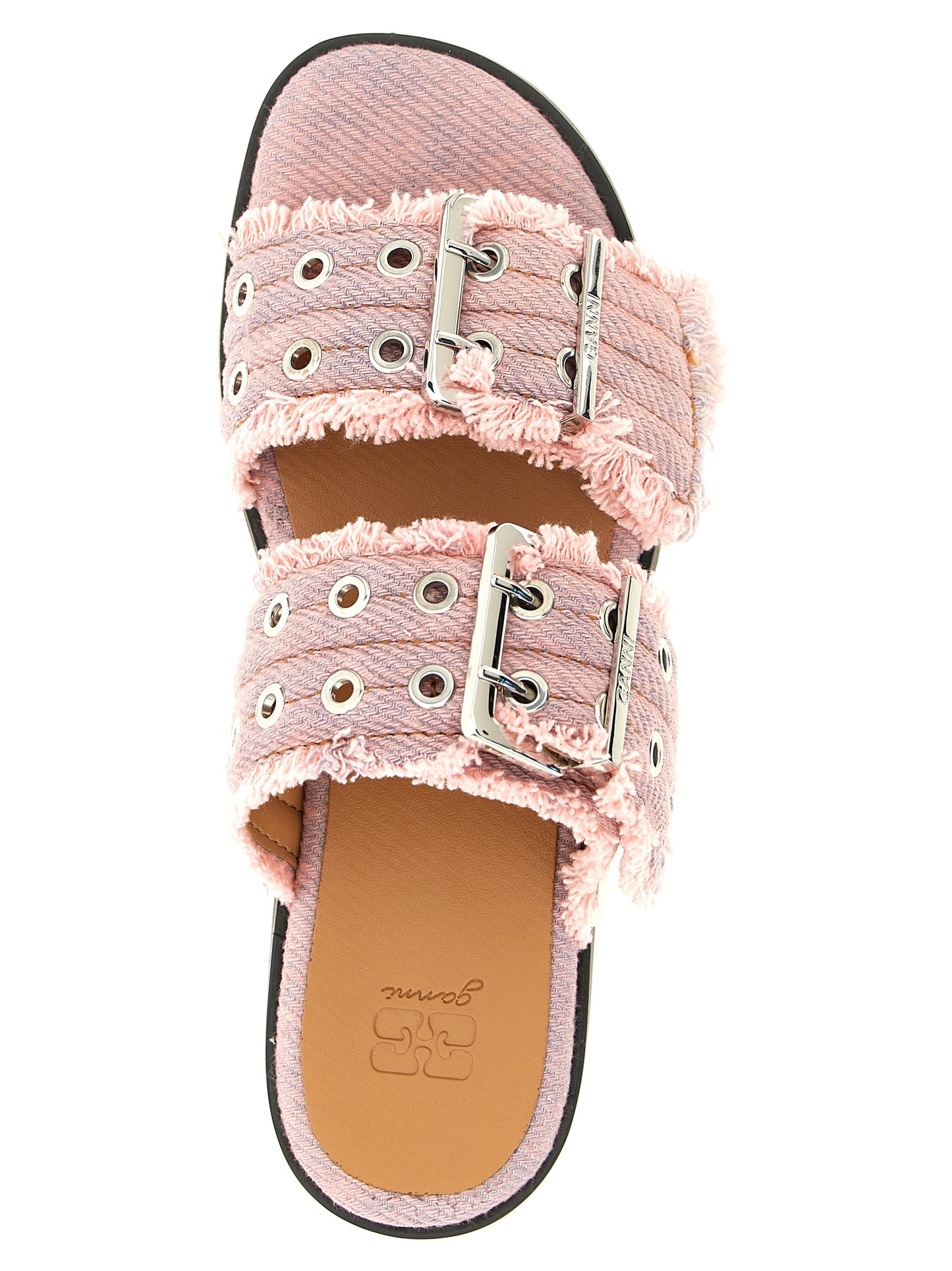Ganni Ganni Feminine Buckle Fringed Denim Sandals