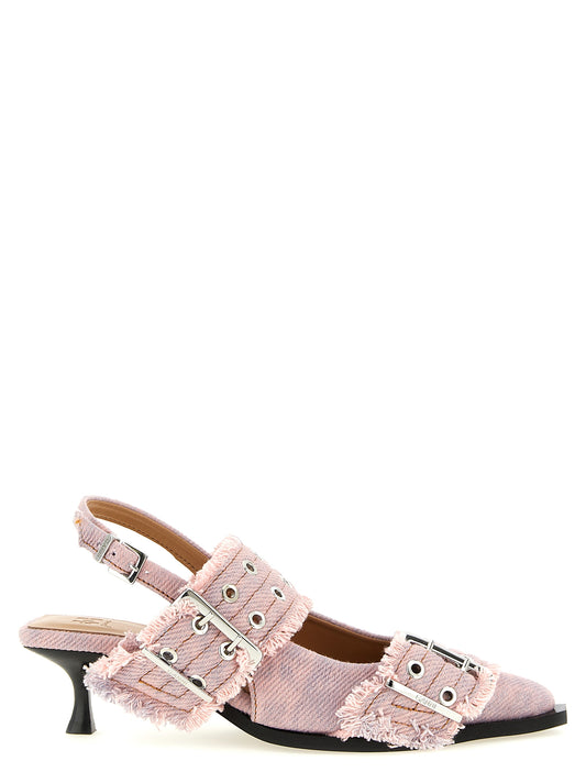 Ganni Ganni Feminine Buckle Fringed Denim Slingback
