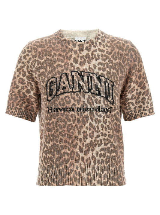 Ganni Ganni Leopard Wool Mix T-shirt