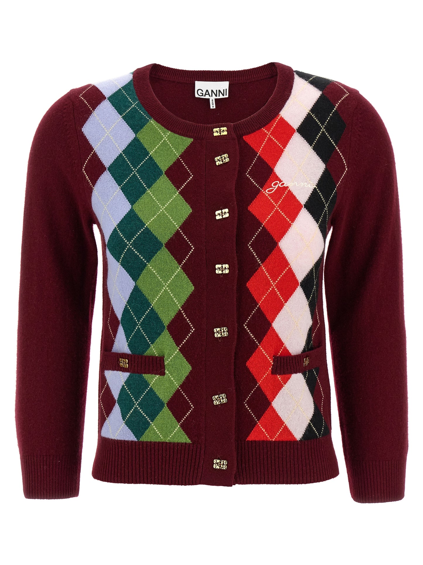 Ganni Ganni Burgundy Check Cardigan