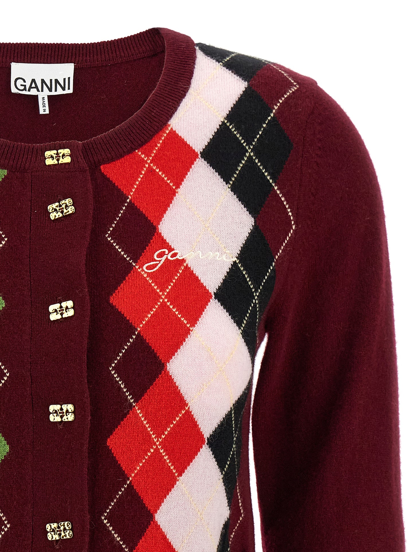 Ganni Ganni Burgundy Check Cardigan