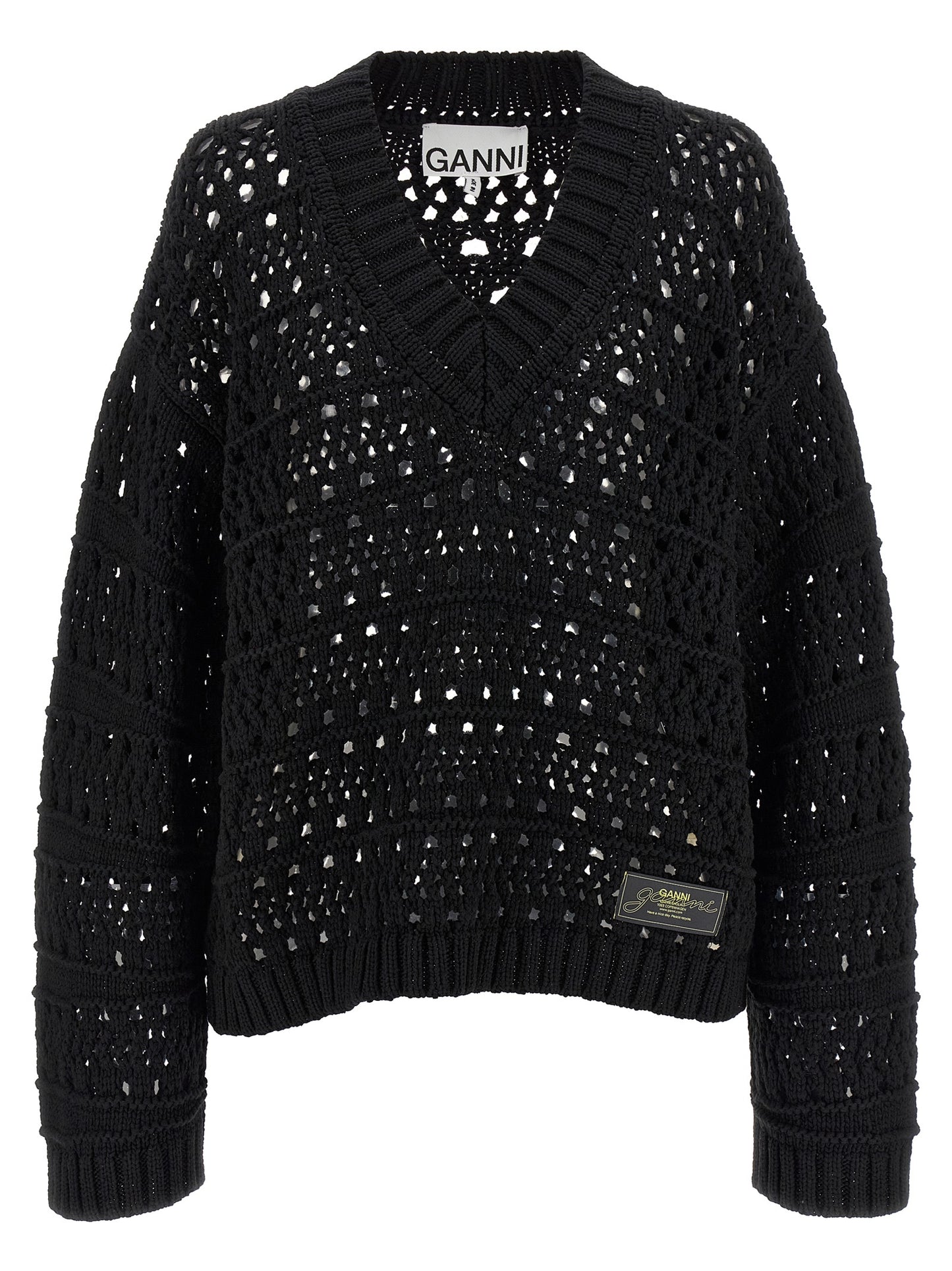 Ganni Ganni Black Crochet V-neck Sweater