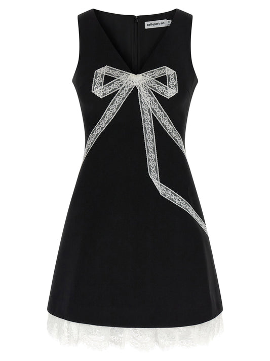 Self-Portrait Black Crêpe Bow Lace Mini Dress