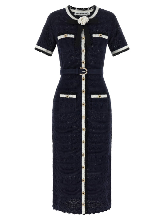 Self-Portrait Navy Pointelle Knit Midi Dress