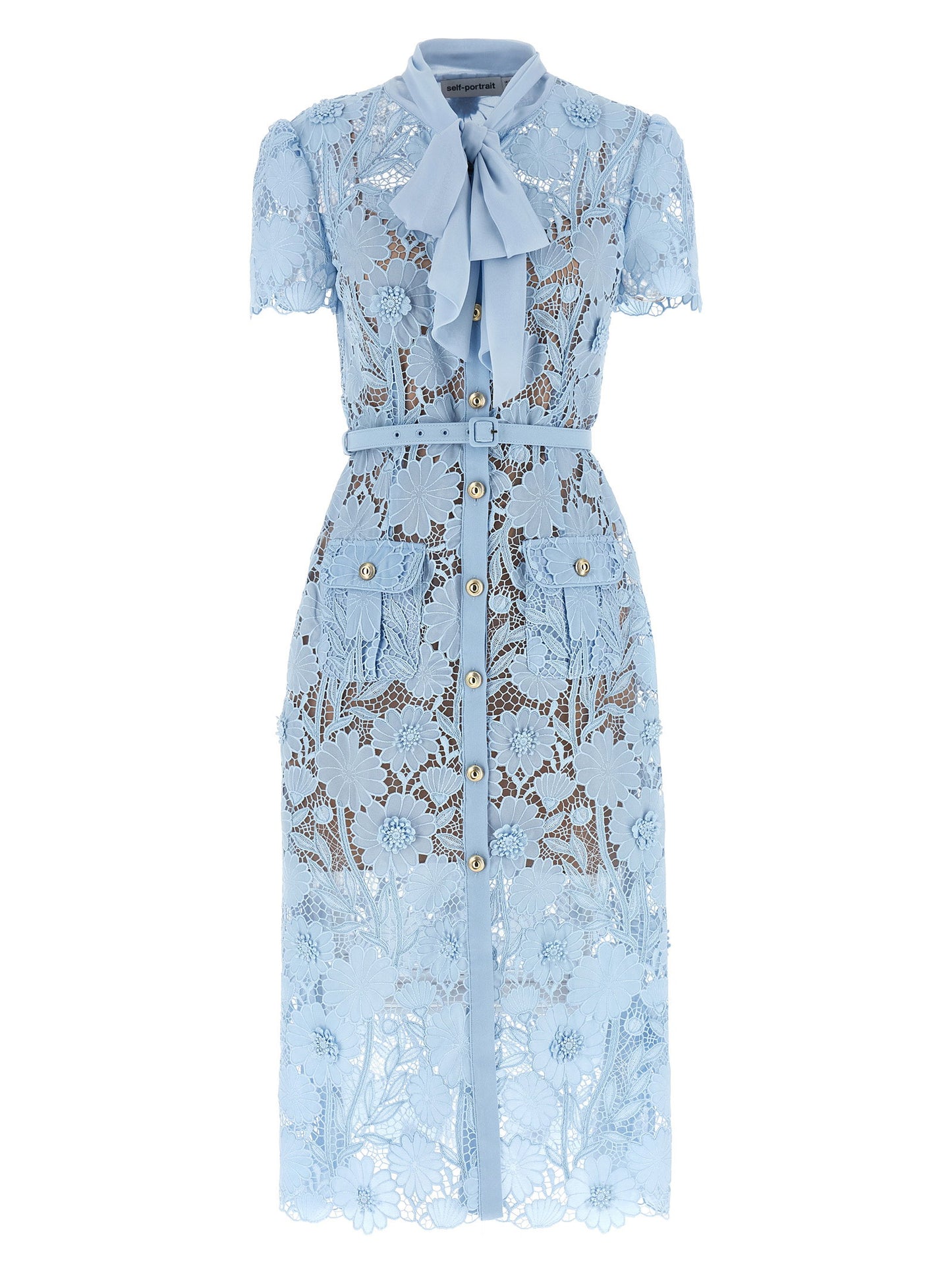 Self-Portrait Blue Lace Tie Neck Midi Dress