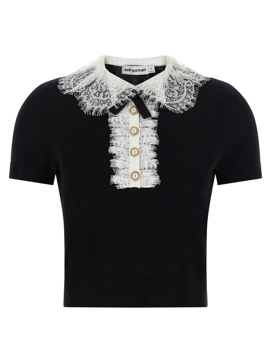Self-Portrait Black Knit Lace Collar Top