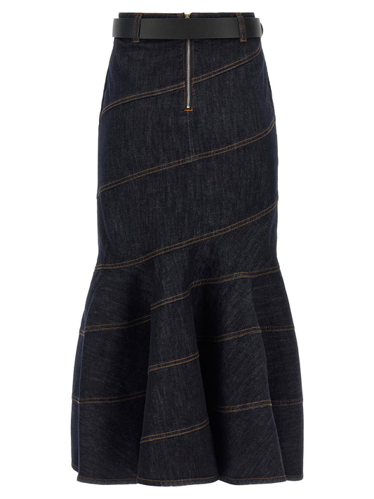 Self-Portrait Indigo Denim Belted Midi Skirt