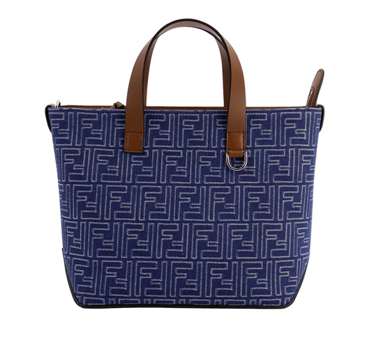 FF jacquard fabric and leather shopping bag