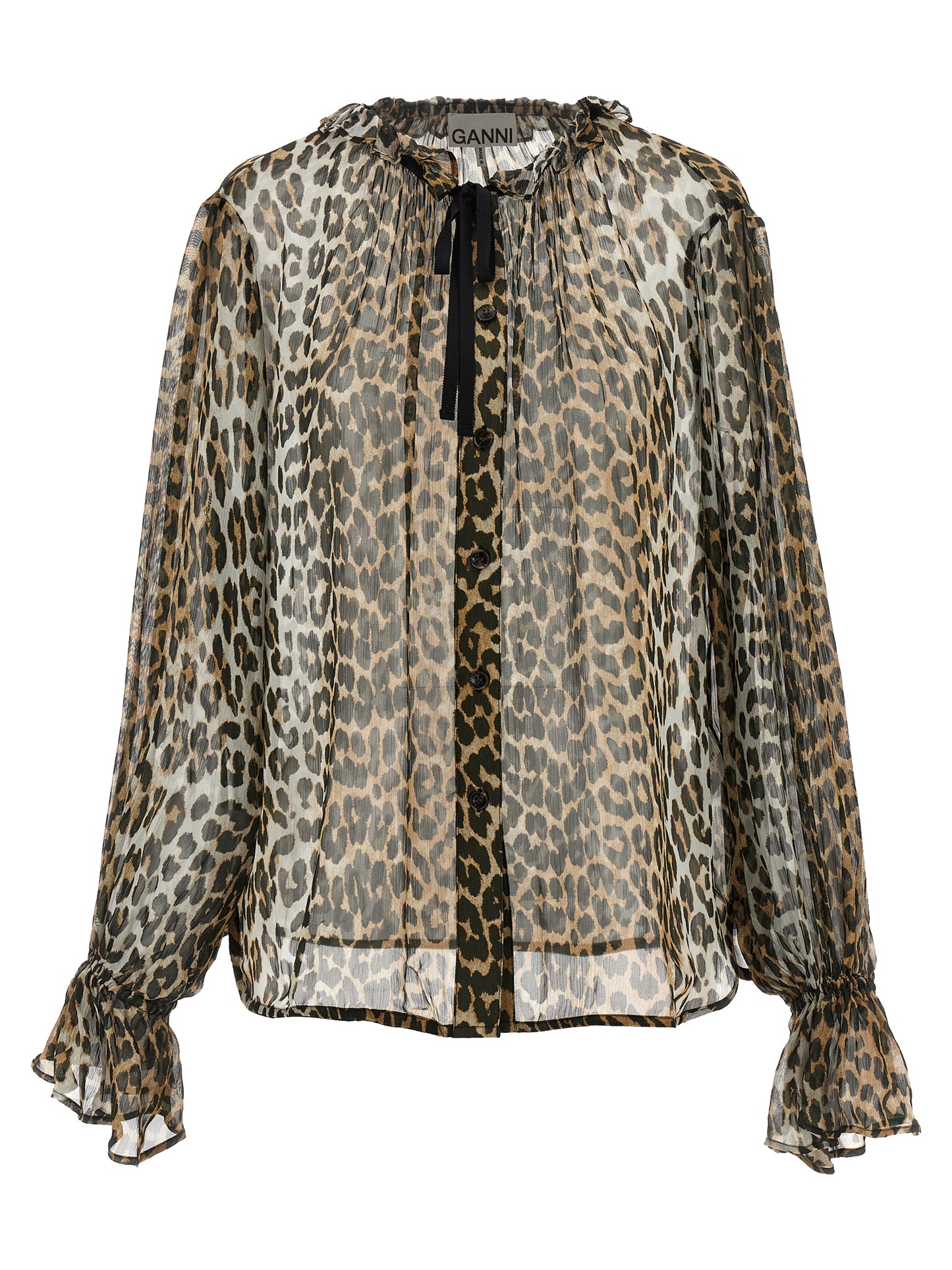 Ganni Ganni Leopard Print Chiffon Tie String Shirt
