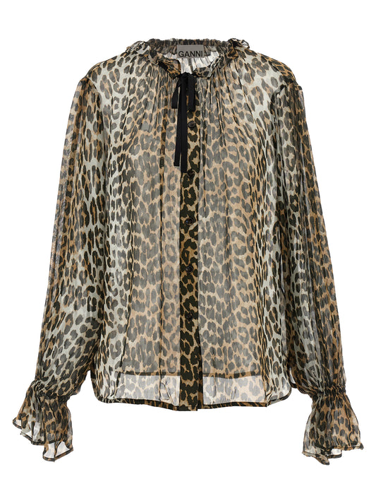 Ganni Ganni Leopard Print Chiffon Tie String Shirt
