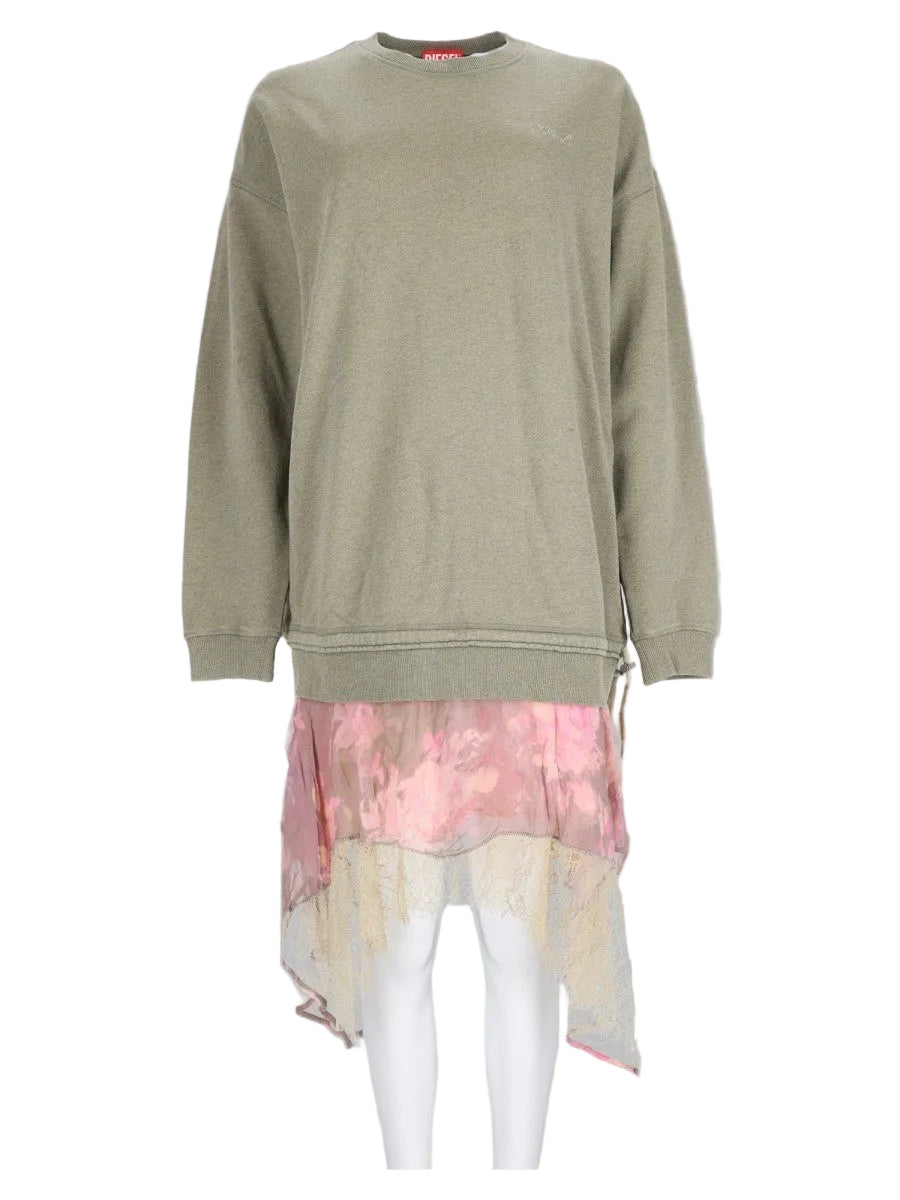Abito in Felpa con Gonna in Chiffon e Pizzo
