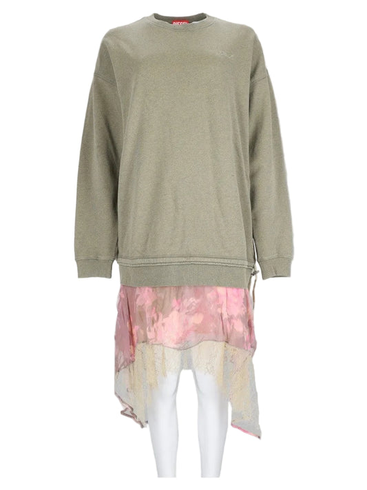 Abito in Felpa con Gonna in Chiffon e Pizzo