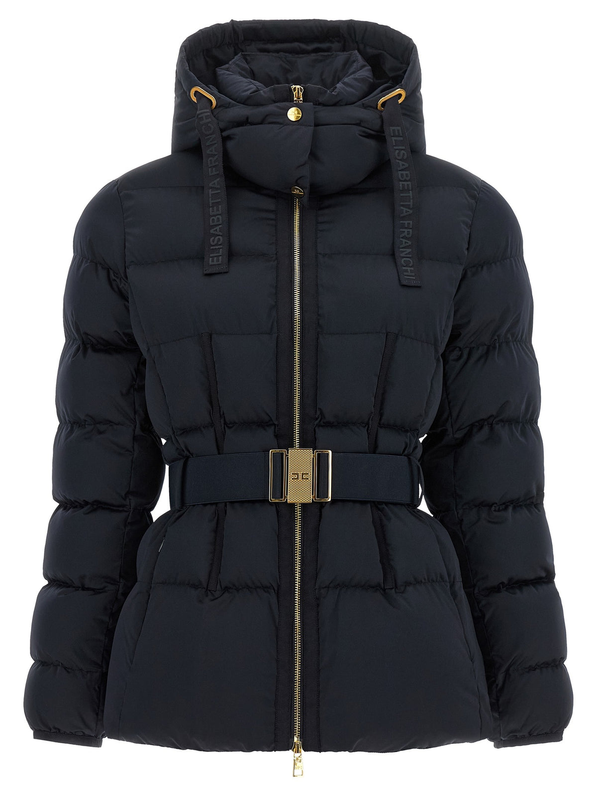 Belted down jacket with logo buckle