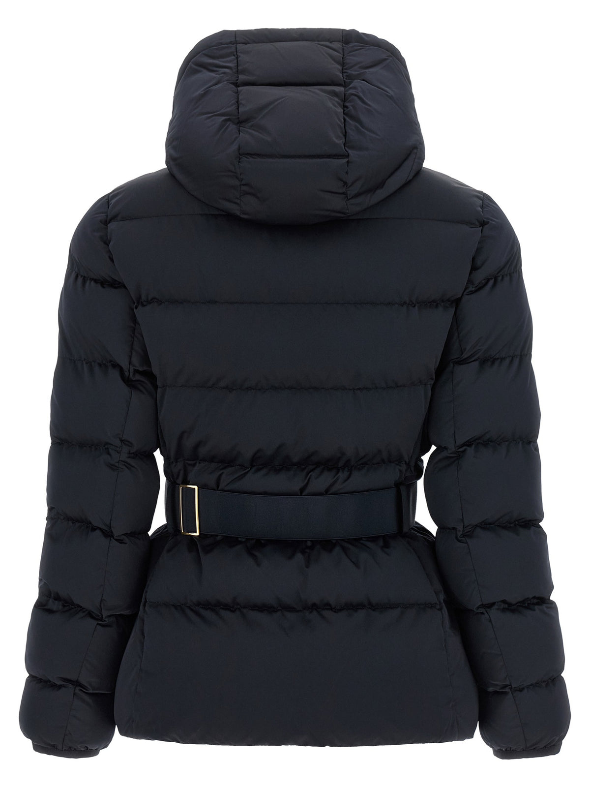 Belted down jacket with logo buckle