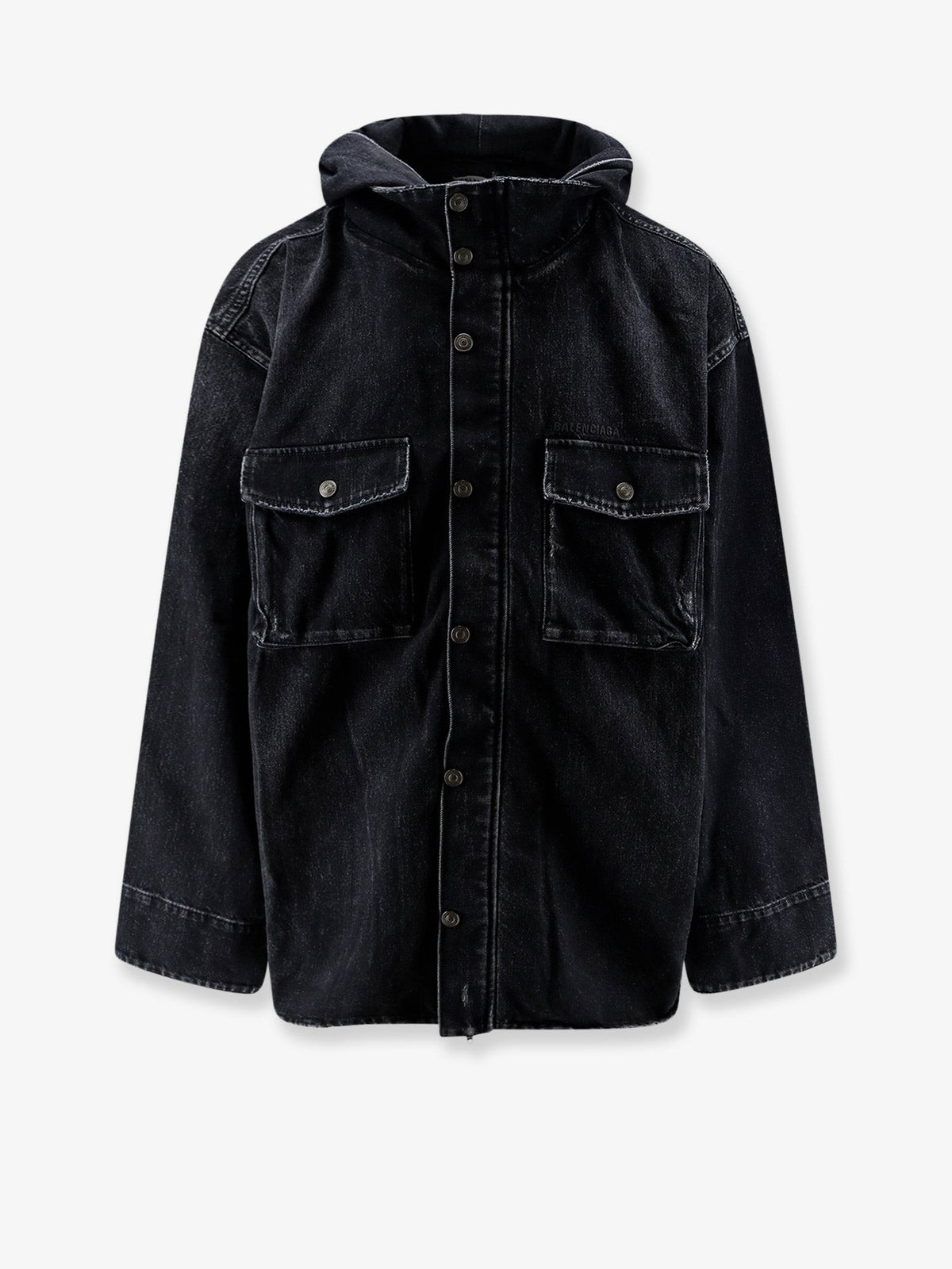 Black denim jacket with embroidered logo on the front