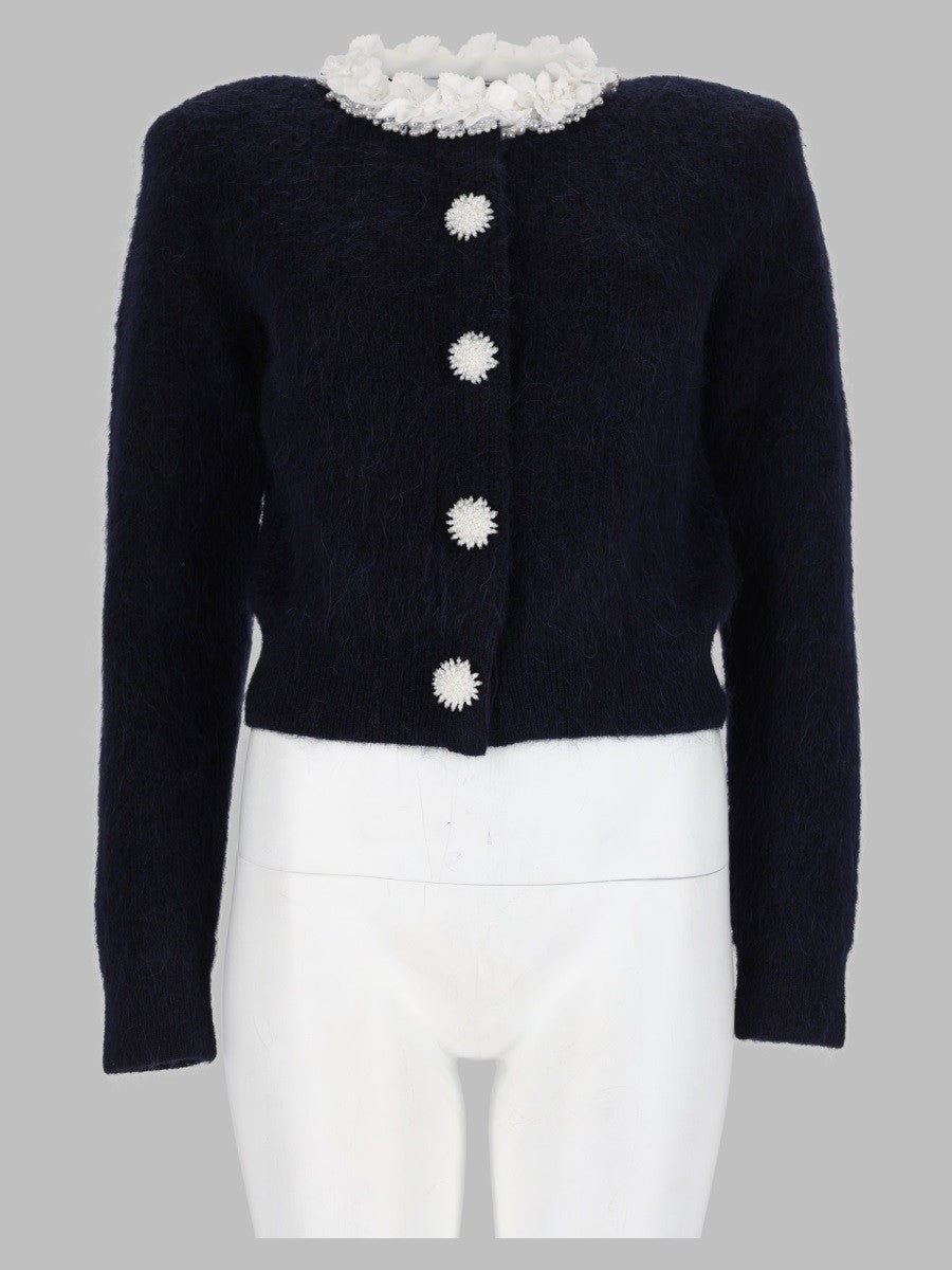 Cardigan in Maglia con Perle e Applicazioni Floreali