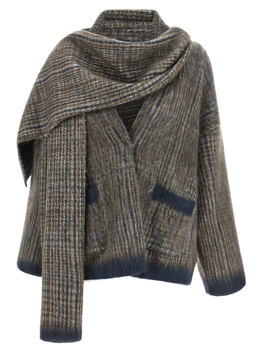 Mohair, polyamide and wool blend cardigan with an integrated scarf