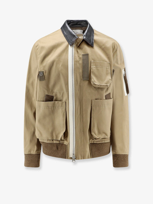 Cotton chino jacket with faux leather collar