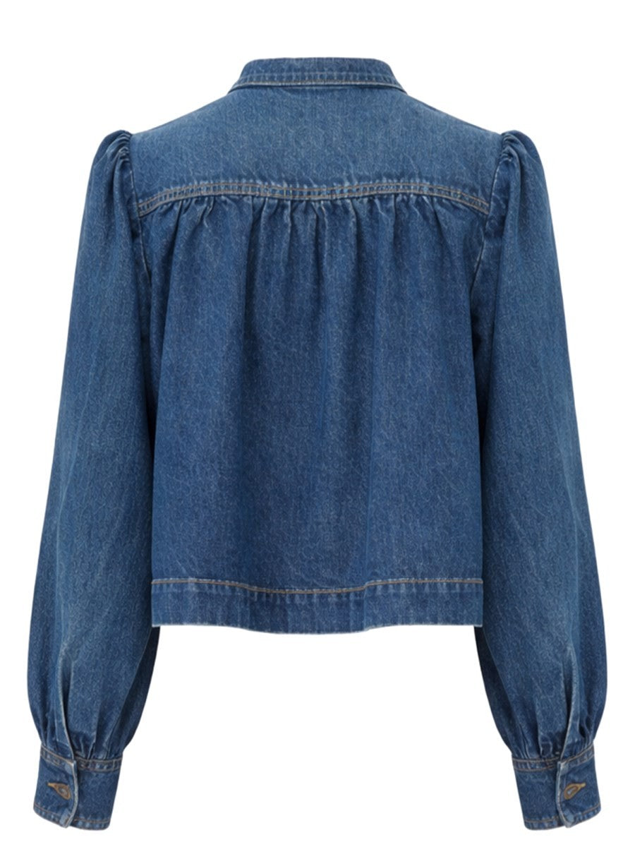 DENIM HIGH NECK GATHERED JACKET