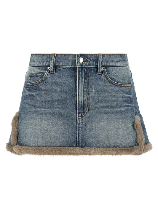 Denim skirt with fur hem