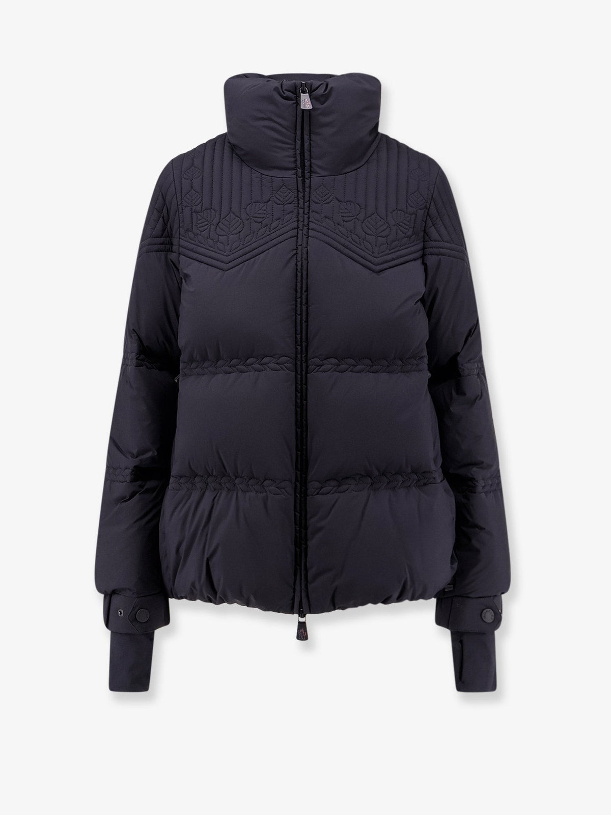Down jacket with hood and emboridery
