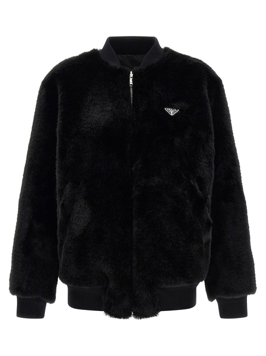 Eco-fur and Re-Nylon reversible bomber jacket