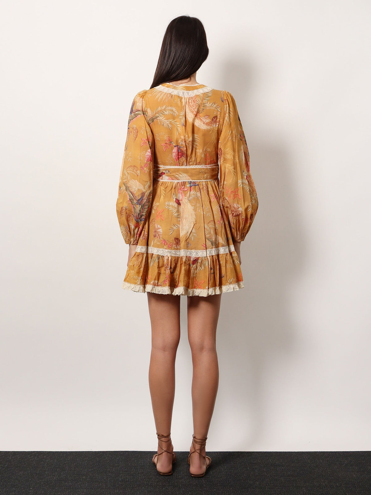 Frill cotton short dress with floral print