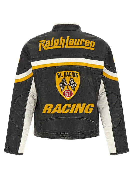 Leather biker jacket with patch