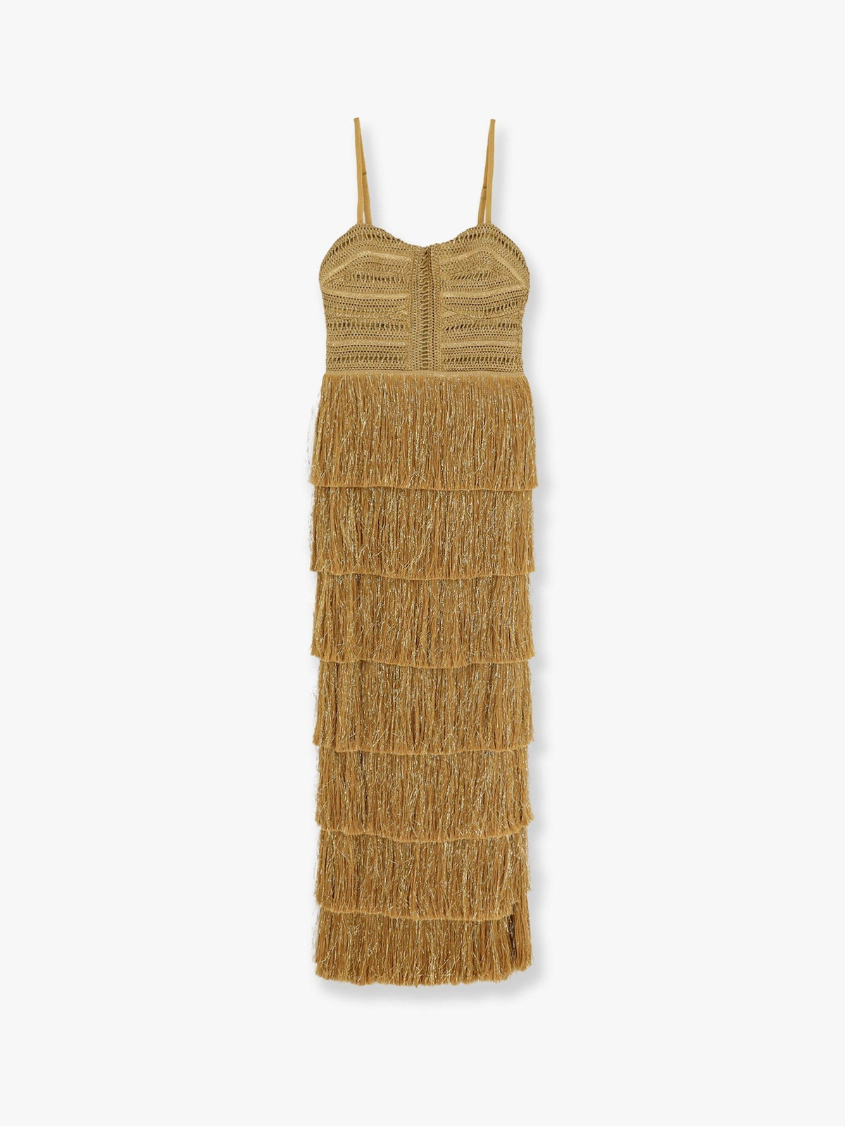 Long dress with embroidered courset and fringes