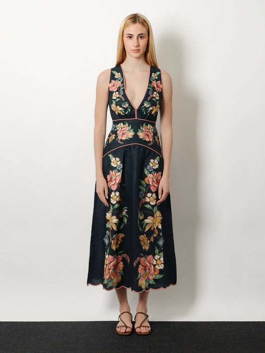 Maira long linen dress with floral print
