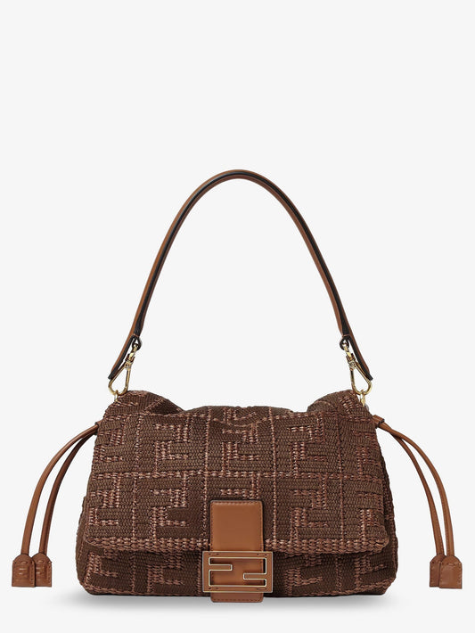 Mamma Baguette Medium Raffia crossbody bag with FF Embroidery