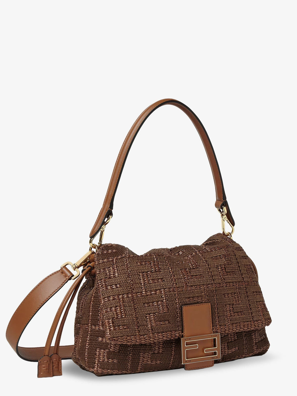 Mamma Baguette Medium Raffia Handbag with FF Embroidery
