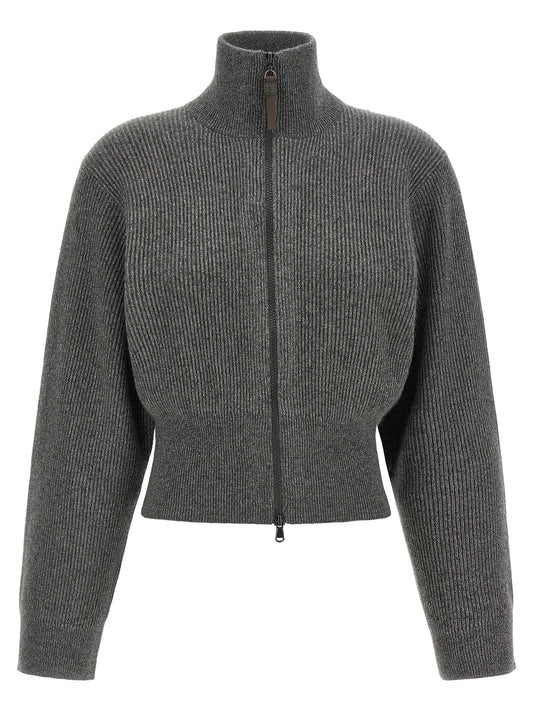 Ribbed cardigan with leather detail