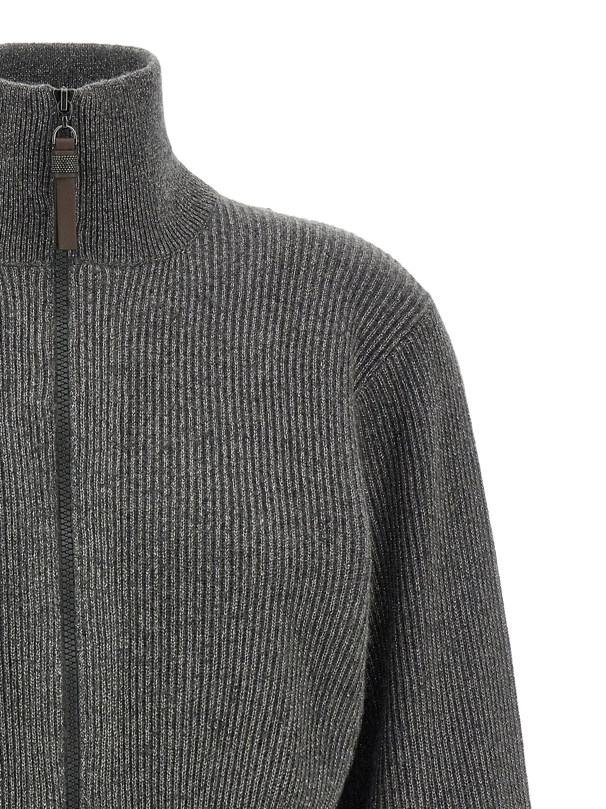 Ribbed cardigan with leather detail
